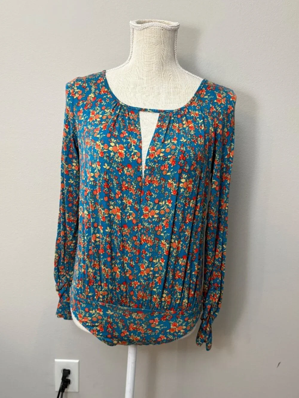 NEW Free People Kaya Turquoise Floral Keyhole Cutout Thong Bodysuit Long-Sleeve